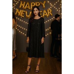 H&M Black Sequin Shift Dress • Holiday Sparkle • New Year’s Eve Look Sz M
